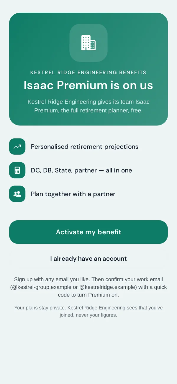 The same company’s branded welcome screen in the Isaac app