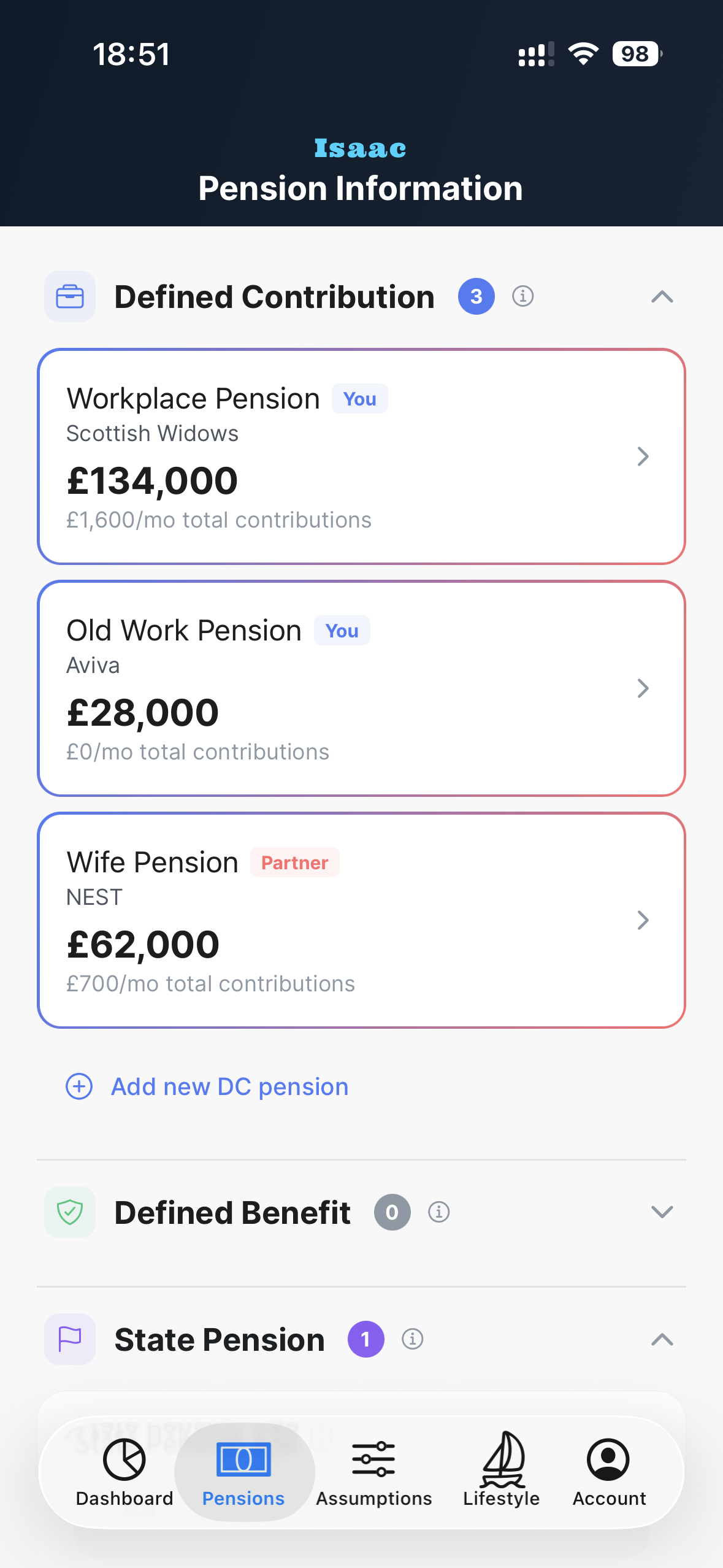 Isaac pension management screen showing DC, DB, and State Pension tracking